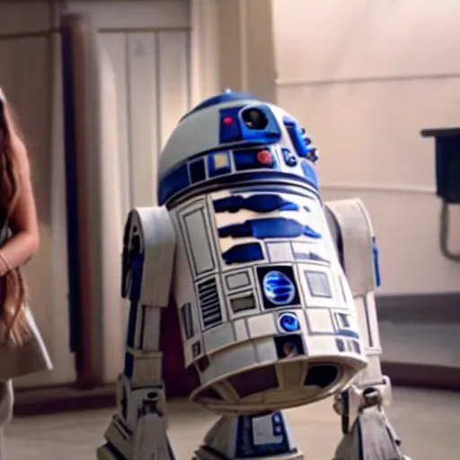 Prompt: a still of Ariana Grande with R2-D2 in a stars wars film