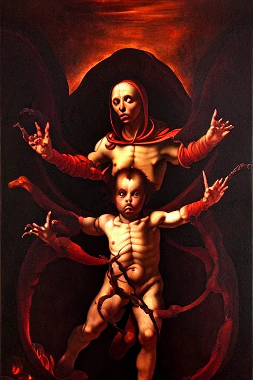 Image similar to portrait of diablo stepping forth from a demonic portal, oil painting, high detail, dark lighting, atmospheric, extremely detailed, intricate, da vinci, michelangelo, caravaggio, hans holbein, raphael, donatello, 8 k