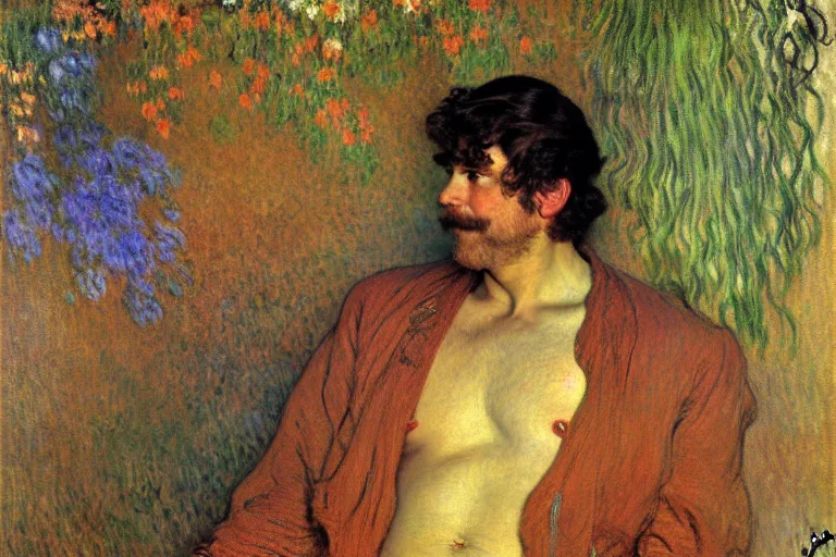 Image similar to attractive male, painting by gaston bussiere, claude monet, alphonse mucha, carl larsson