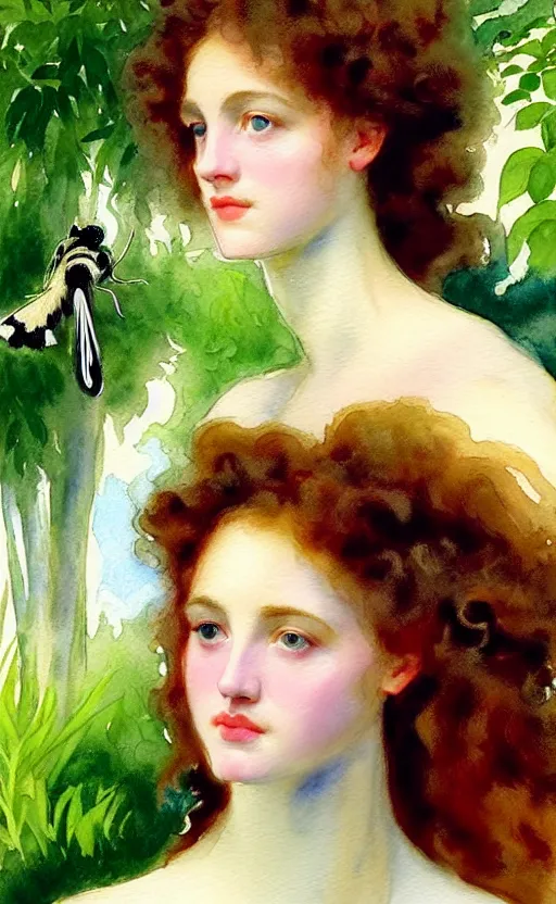 Image similar to the face of a young woman with marble complexion, angelic features, dancing curls around her face, her head raised in rapture, symmetrical eyes, watercolor by john singer sargent, background lush vegetation, insects and birds, 8 k uhd