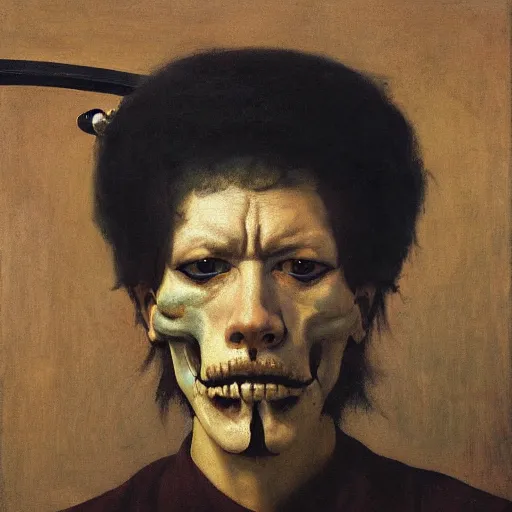 Prompt: Realistic painting of a swordsman with a skull for a face high-detailed oil painting by Ilya Repin, William Blake, Michelangelo da Caravaggio, Alex Grey and Beksinski, masterpiece, 4k