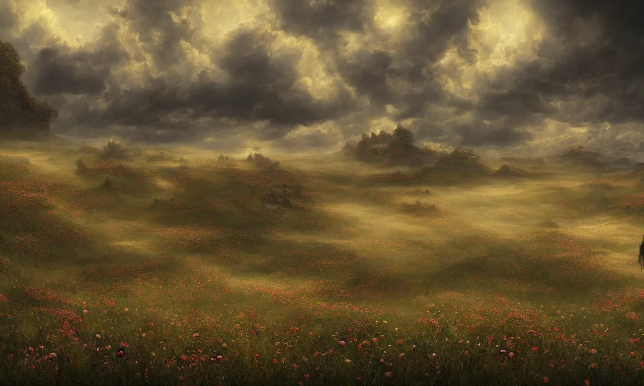 Prompt: breathtaking digital painting of a plains landscape in luxurious nature, with intricate art nouveau moody dark tumultuous clouds, at dawn with roses and golden petals flying, concept art, matte, by johannes voss and seb mckinnon,