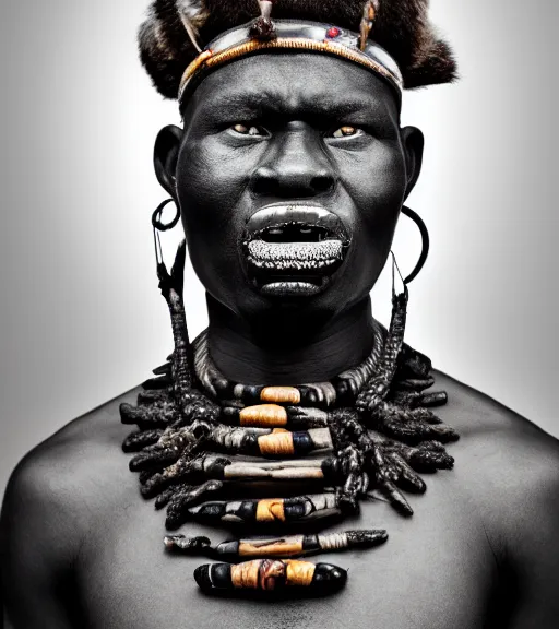 Prompt: full figure of a african warrior wearing animal skins and a scary teeth necklace, angry look, dark background, studio light, hdr, nikon 2 4 mm f / 1. 8 g, by sebastiao salgado