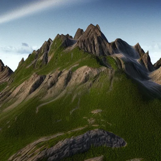 Image similar to mountain scenery, high resolution render, photorealistic, volumetric light