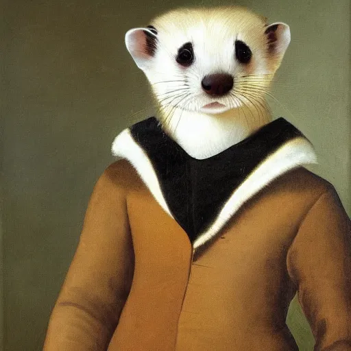 Image similar to Portrait of a Ferret with brown face markings in a general outfit , painted by Jan Willem Pieneman, Courageous, Bold, painting