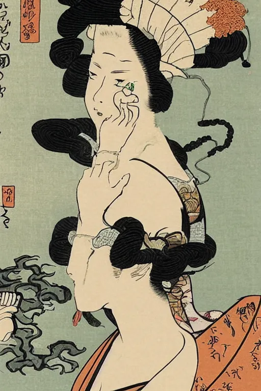 Image similar to a goddess with headphones enjoying music and smoking a cigarette, in a silent disco rave, by katsushika hokusai, by ralph steadman, storybook illustration, cool color palette, in a symbolic and meaningful style, single figure