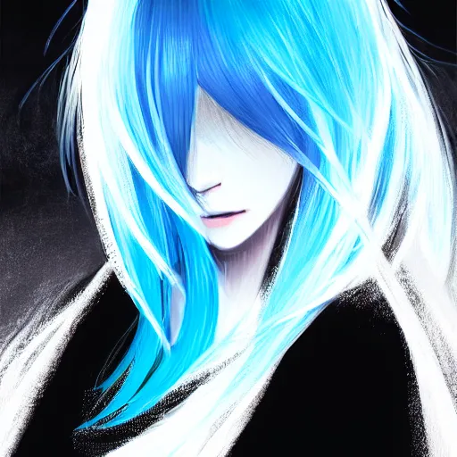 Image similar to full face shot of rimuru tempest, sky blue straight hair, long bangs, with amber eyes, wearing a fancy black jacket, high collar, beautiful, ultra detailed, brush strokes, digital painting, cinematic, wlop artstation, closeup, pixiv, intense, intimidating glare, photorealistic, overpowering, rossdraws, andy warhol,