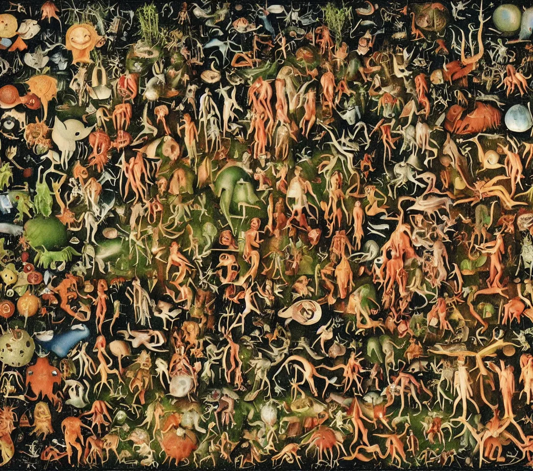 Prompt: 3 5 mm phtography, kodachrome of grandparents with alien, creatures and alien plants with garden of earthly delights bosch style
