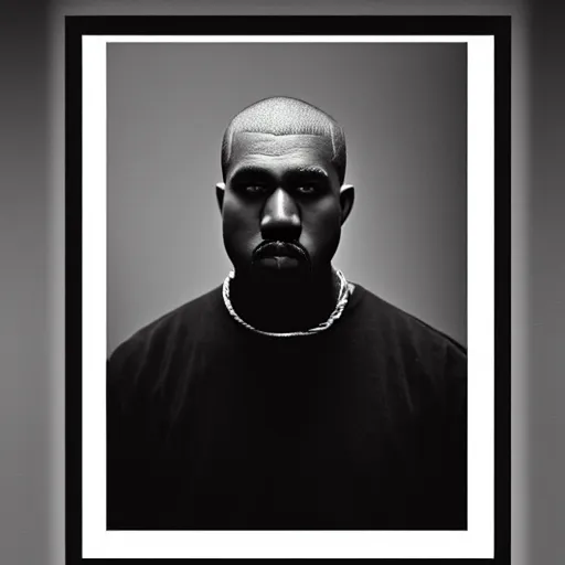 Image similar to a chiaroscuro lighting portrait of kanye west dressed as rick owens, black background, portrait by julia margaret cameron, shallow depth of field, 8 0 mm, f 1. 8