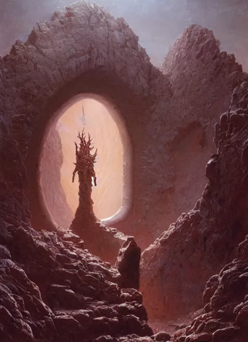 Image similar to ancient singular portal into godhood on a barren hellish exoplanet, philosophical concept illustrated by James Gurney and Zdislaw Beksinski and Dariusz Zawadski and Greg Rutkowski