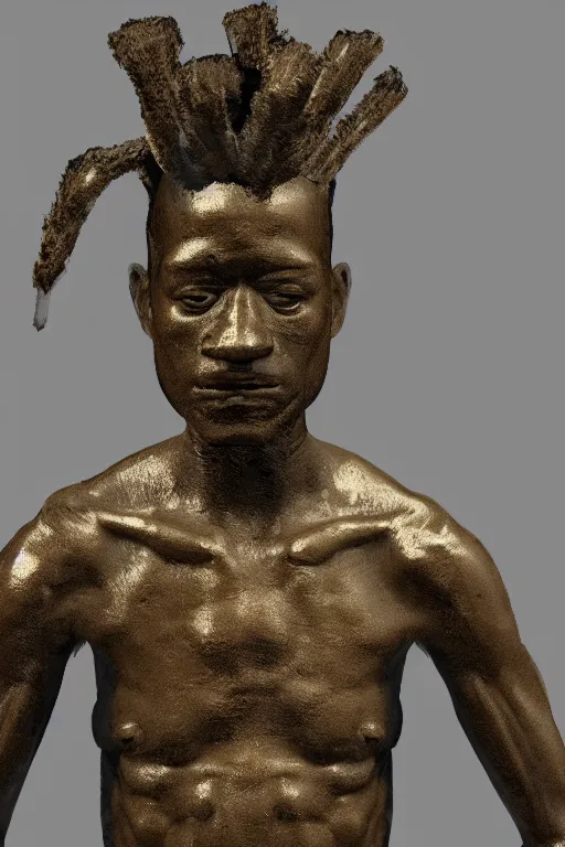 Prompt: a full-body bronze statue of Jean-Michel Basquiat sitting and thinking 3d octane render