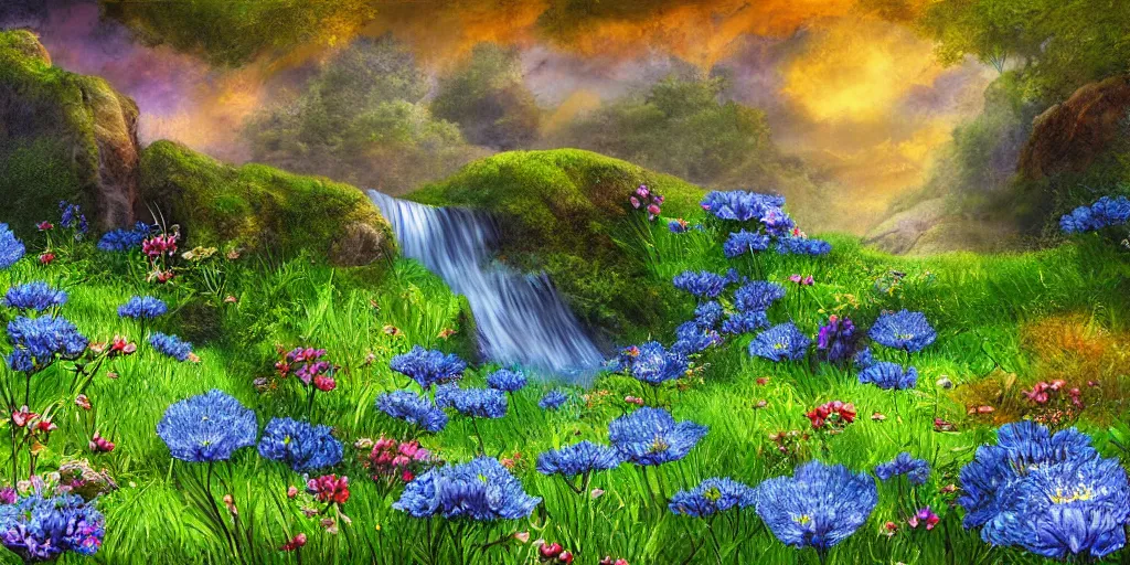 Image similar to a fantasy meadow landscape with waterfall patches of blue flower, digital art