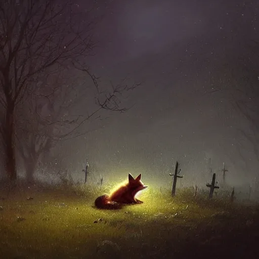 Prompt: a hauntingly beautiful painting by greg rutkowski and thomas kinkade of a fox sitting in a graveyard at night, trending on artstation.