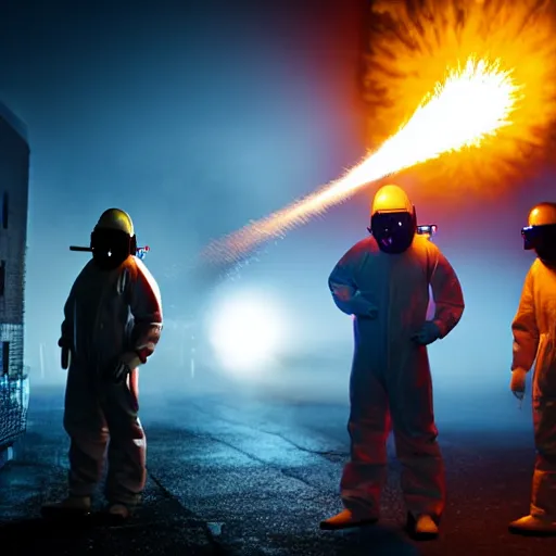 Prompt: men in reflective hazmat suits shooting flamethrowers at dark silhouette aliens, cinematic still