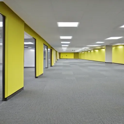 Image similar to sammy sosa lost in huge empty office spaces, walls are light yellow, carpeted floor, liminal, poorly lit,