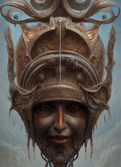 Image similar to Helmet of a forgotten Deity, ivory, copper elements, extremly detailed digital painting, in the style of Tomasz Alen Kopera, mystical colors, rim light, beautiful lighting, 8k, stunning scene, raytracing, octane, trending on artstation