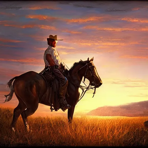 Image similar to a wounded cowboy watching a sunset, concept art, DeviantArt, art station, illustration, highly detailed, artwork, cinematic, hyper realistic