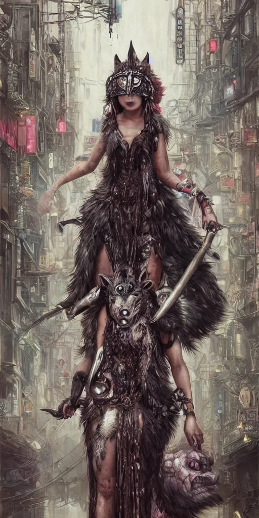 Image similar to hyper realistic Princess Mononoke, ornate mask, wet market street, cyberpunk metropolis, city landscape, jewels, full body pose, wolves, style of tom bagshaw, mucha, james gurney, norman rockwell, denoised, sharp