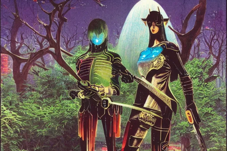 Image similar to 1979 OMNI Magazine Cover of a Druid elf with armor at a Garden park in Neo-Tokyo in cyberpunk style by Vincent Di Fate