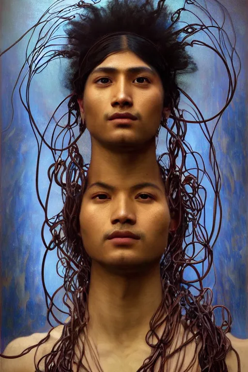 Prompt: hyperrealist portrait of indian elijah zu bailey, it is decorated with long wires that fall like vines and wears small computers over their body. by jeremy mann and alphonse mucha, fantasy art, photo realistic, dynamic lighting, artstation, poster, volumetric lighting, very detailed faces, 4 k, award winning