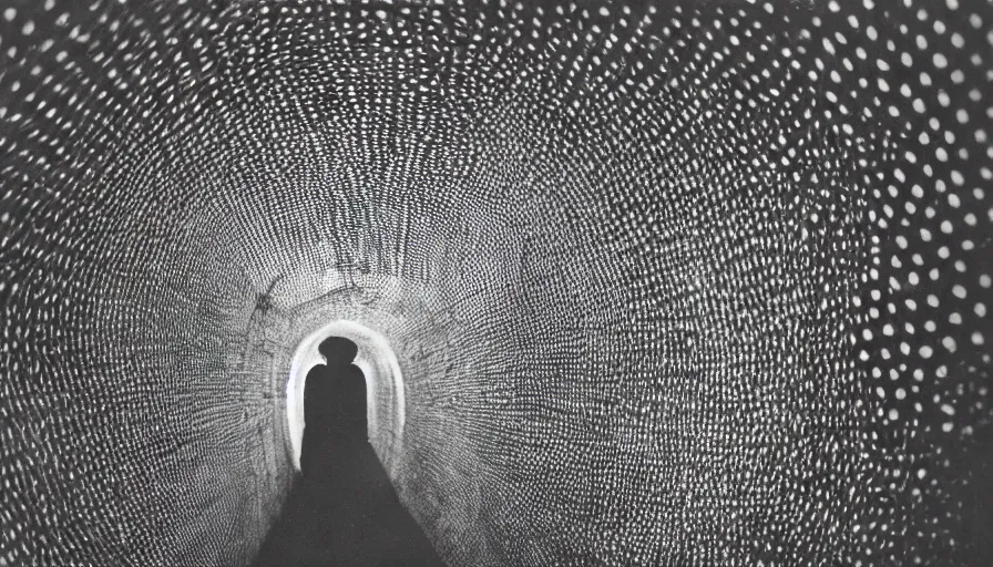 Image similar to 50s movie still close-up portrait of a white female japanese phantom with trypophobia mask in a liminal space style tunnel, early black and white 8mm, heavy grain, low quality,