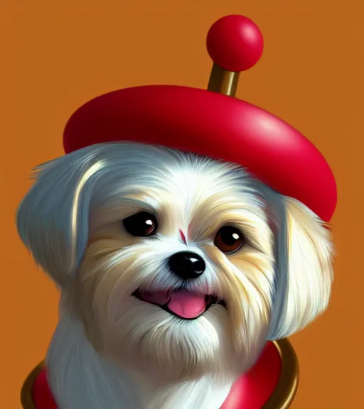 Image similar to small white shihtzu maltese mix dog on a merry go round smiling full color digital illustration in the style of don bluth, artgerm, artstation trending, 4 k