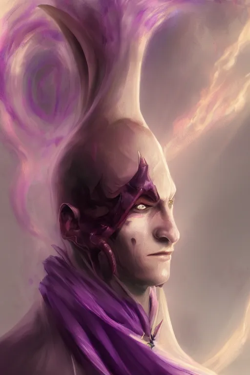 Prompt: djinn man male demon, portrait, full body character, concept art, purple cloak, single face, illustration, white spiral horns, cinematic color grading, editorial photo, fashion, hyperrealism, realism, trending on artstation, Charlie Bowater, WLOP