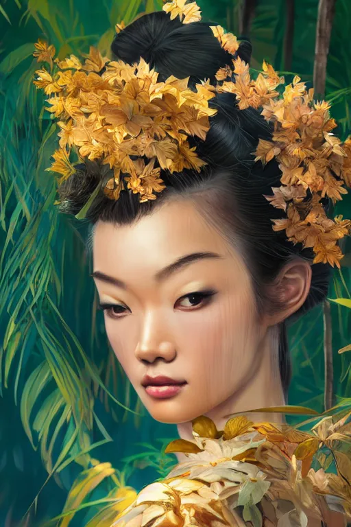 Image similar to stunningly beautiful, geisha prima ballerina in jungle, symmetrical face, golden hour, smooth, focus, highly detailed, hyper realistic, dramatic lighting, elegant, intricate, concept art, art by wlop, mars ravelo, greg rutowski, artstation