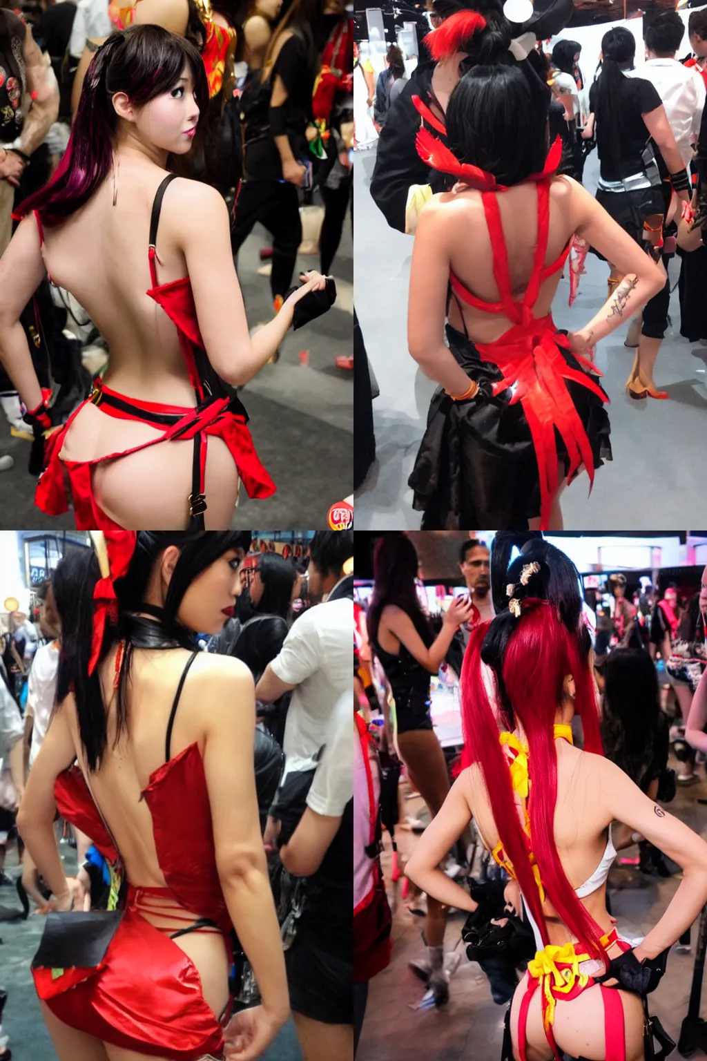 Prompt: back of a beautiful cosplayer dressed as mai shiranui, photo taken at e 3 conference, facing away from camera, posing, party atmosphere