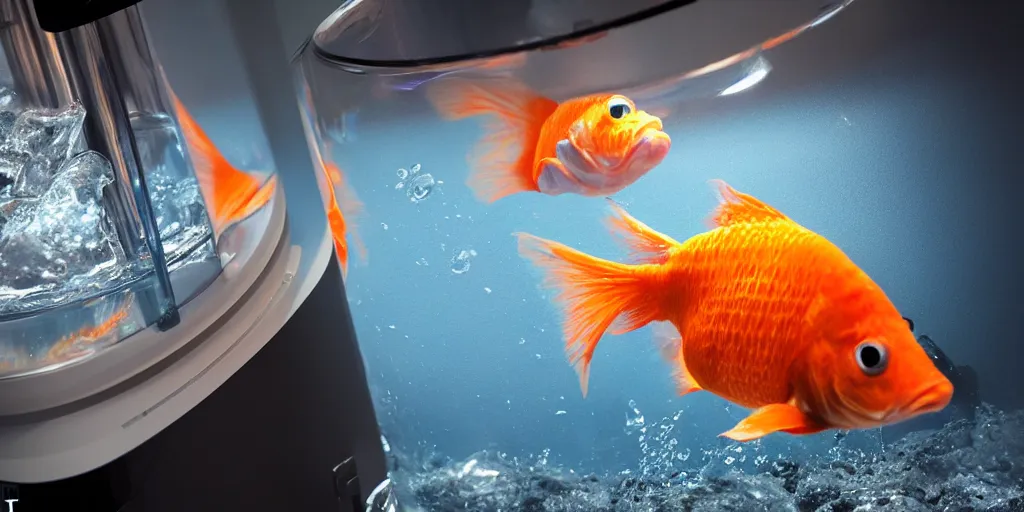 Prompt: a photo of 8k a goldfish in a office water dispenser, cinematic lighting, trending on artstation, 4k, hyperrealistic, focused, extreme details, unreal engine 5, cinematic, masterpiece