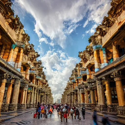 Prompt: incredible architecture of the lost city of kadath, with its many domes and marble columns, with rivers running and streets filled with people in colorful robes, morning light, sunny, white clouds