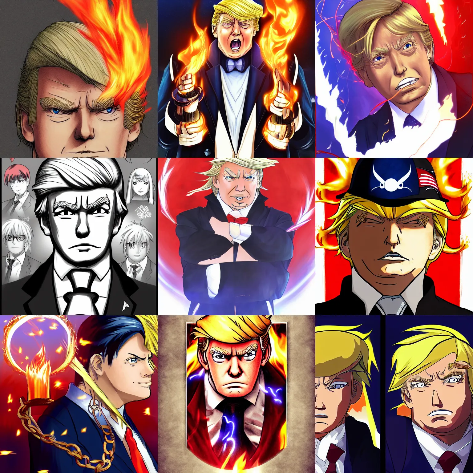 Prompt: Portrait of Donald Trump the Flame Alchemist , Anime Fantasy Illustration by Tomoyuki Yamasaki, Studio Kyoto, Madhouse, Ufotable, trending on artstation
