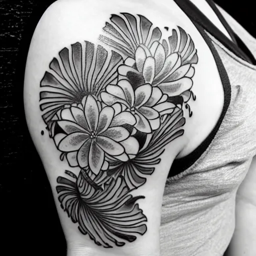 Image similar to black and white tattoo, koi fish, japanese traditional style, camelia flowers, stylized,