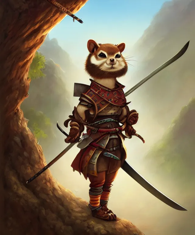 Image similar to anthropomorphic chipmunk samurai, samurai outfit, standing in a beautiful landscape, cute and adorable, dnd character art portrait, matte fantasy painting, deviantart artstation, by jason felix by steve argyle by tyler jacobson by peter mohrbacher, cinematic lighting