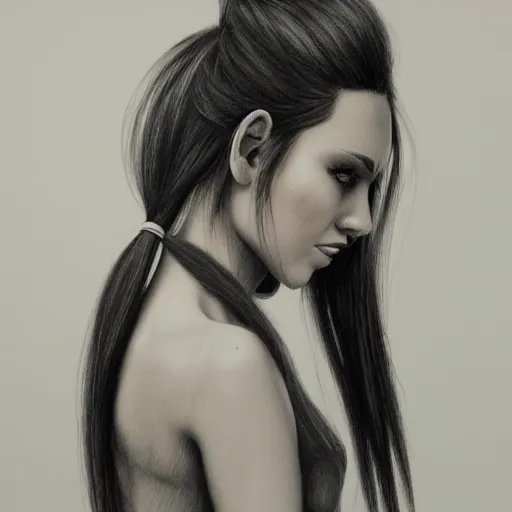 Image similar to 8 k hight resolution detailed charcoal drawing, a girl with ponytails, beautiful hd nouveau concept art colourful artwork, in the style of damian tirado