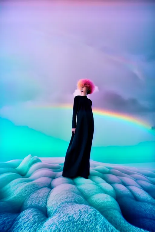 Image similar to high quality pastel coloured film close up wide angle photograph of a model wearing clothing resting on cloud furniture in a icelandic black rock!! environment in a partially haze filled dreamstate world. three point light, rainbow. photographic production. art directed. pastel colours. volumetric clouds. pastel gradient overlay. waves glitch artefacts. extreme facial clarity. 8 k. filmic.