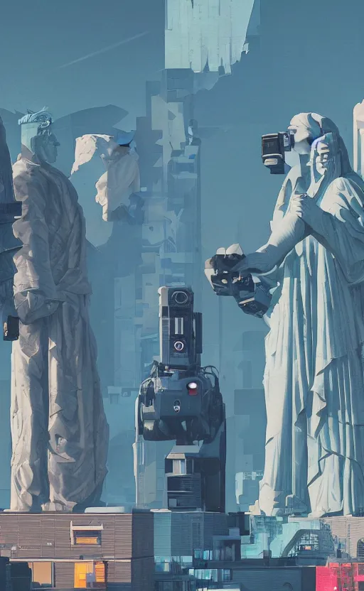 Prompt: a cyberpunk American Statue of Liberty Mount Rushmore in a alley with robots and humans walking around by marcel deneuve and beeple