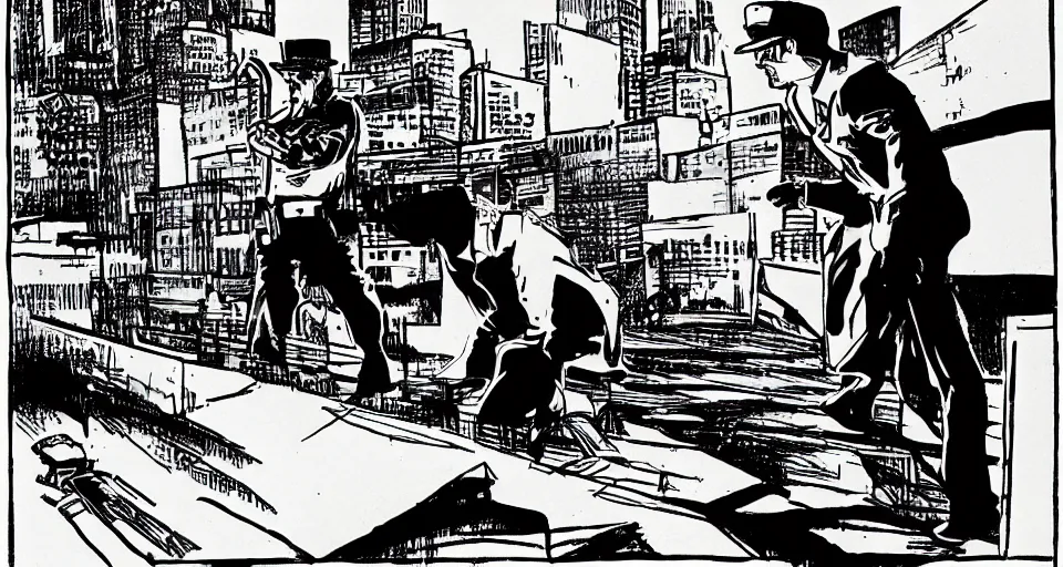 Prompt: a detective interrogating a suspect on the roof of the police station, by frank miller