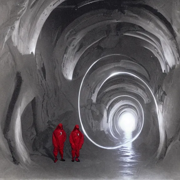 Prompt: two scientists wearing red rick owens hazmat suits in a glowing wormhole tunnel by frank frazetta