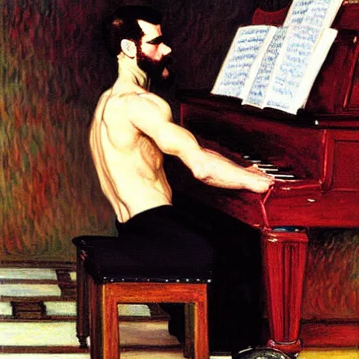 Image similar to attractive man playing piano, painting by tom of finland, john william waterhouse, claude monet