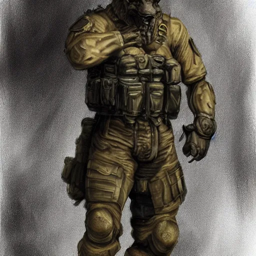 Image similar to full body of a humanoid german shepherd beast - man in military style, highly detailed portrait, digital painting, artstation, concept art, smooth, sharp foccus ilustration, artstation hq