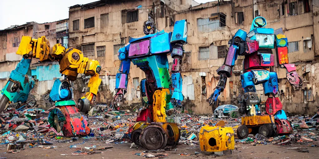 Image similar to destroyed colourful giant mecha ROBOT of AJEGUNLE SLUMS of Lagos, markings on robot, Golden Hour,