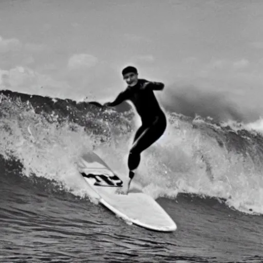 Prompt: An old photo of Hitler surfing at the Hawaii, 1930, black and White, High quality