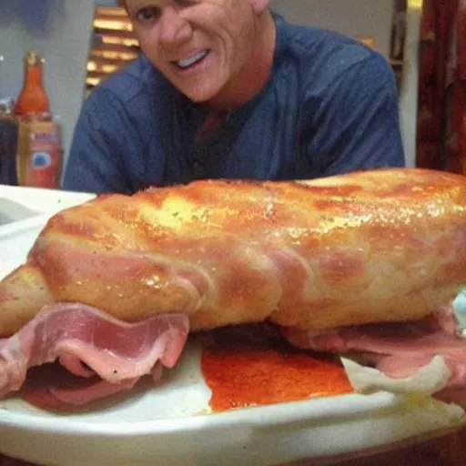 Image similar to gordon ramsay as a cooked leg of ham on a plate