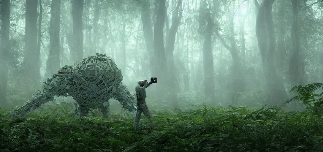 Image similar to an astronaut taking a photo of a complex organic fractal 3 d metallic symbiotic ceramic humanoid megastructure creature in a swampy lush forest, foggy, sun rays, cinematic shot, photo still from movie by denis villeneuve, wayne barlowe