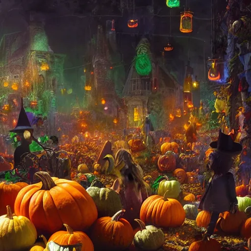 Prompt: colorful potions at the halloween harvest festival, volumetric lighting, 8 k octane beautifully detailed render, post - processing, extremely hyper - detailed, intricate, epic composition, cinematic lighting, masterpiece, trending on artstation, detailed detailed detailed, masterpiece, stunning art by anders zorn, wonderful masterpiece by greg rutkowski, beautiful cinematic light,