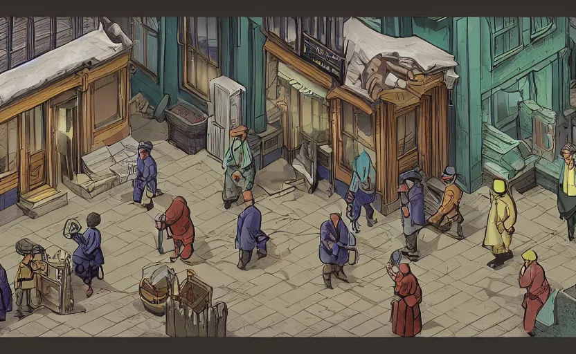 Prompt: townsmen meet a detective to present a new case outside his office building, moebius, print, game art