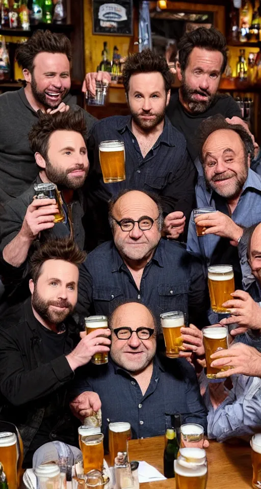 Prompt: charlie day, rob mcelhenney, glenn howerton, kaitlin olson, and danny devito are drinking beer together at a pub