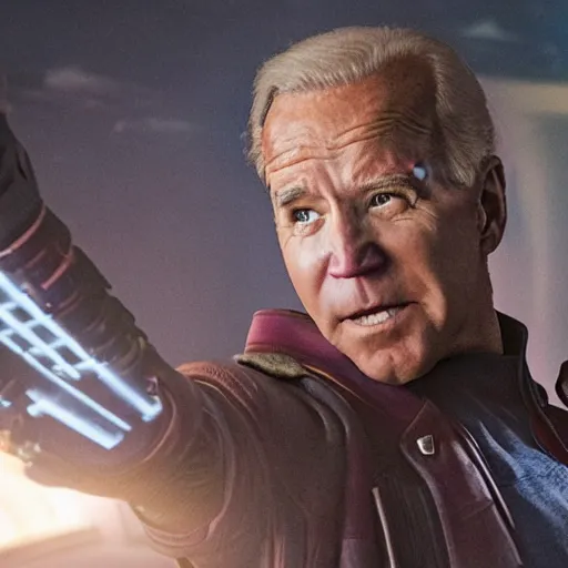 Prompt: film still of Joe Biden as Star Lord in Guardians of the galaxy