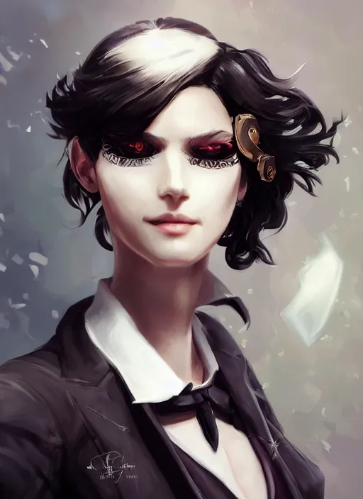 Image similar to a highly detailed illustration of beautiful short black messy haired woman wearing eyepatch!!! and noir style suit and tie, dramatic smiling pose, intricate, elegant, highly detailed, centered, digital painting, artstation, concept art, smooth, sharp focus, league of legends concept art, WLOP